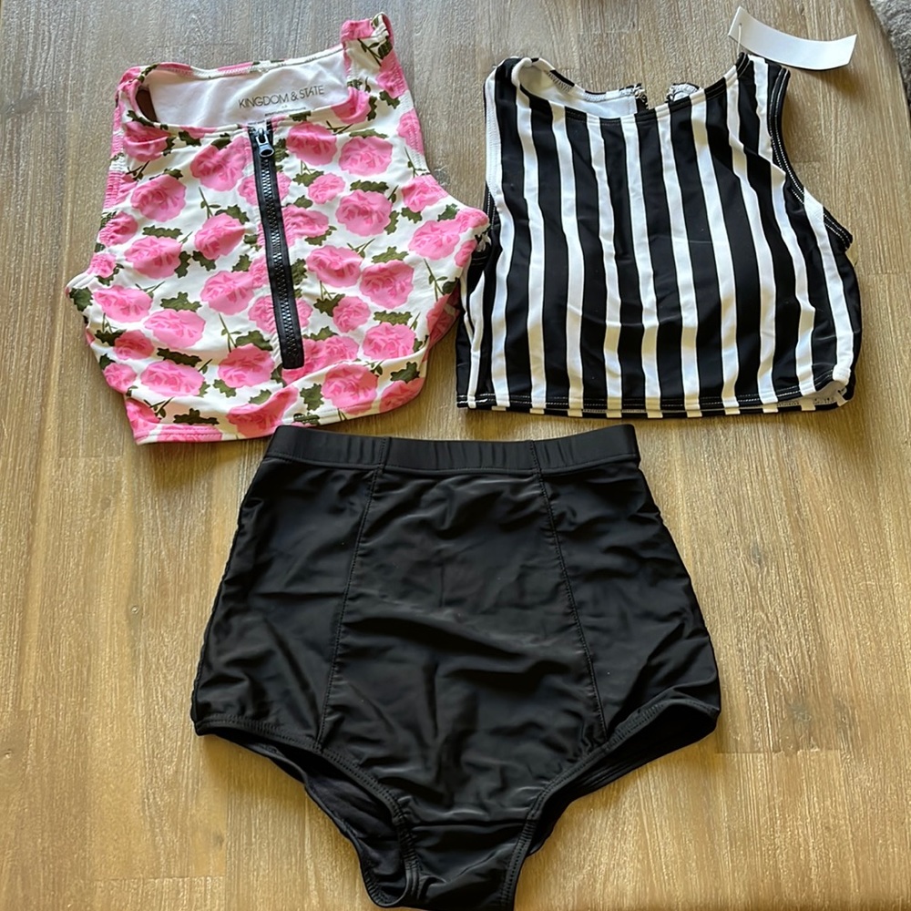 High Waist Swim Bottoms and 2 Swim Tops, Roses and Stripes with Zippers